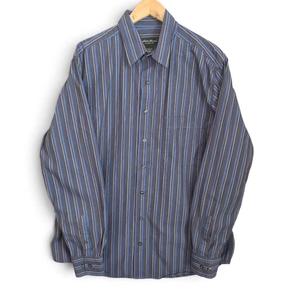 Eddie Bauer Shirt Mens Large Tall LT Classic Fit Striped Long Sleeve Blue Cotton